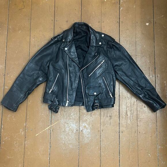 VINTAGE BLACK LEATHER Cropped Biker Jacket - Picture 1 of 4